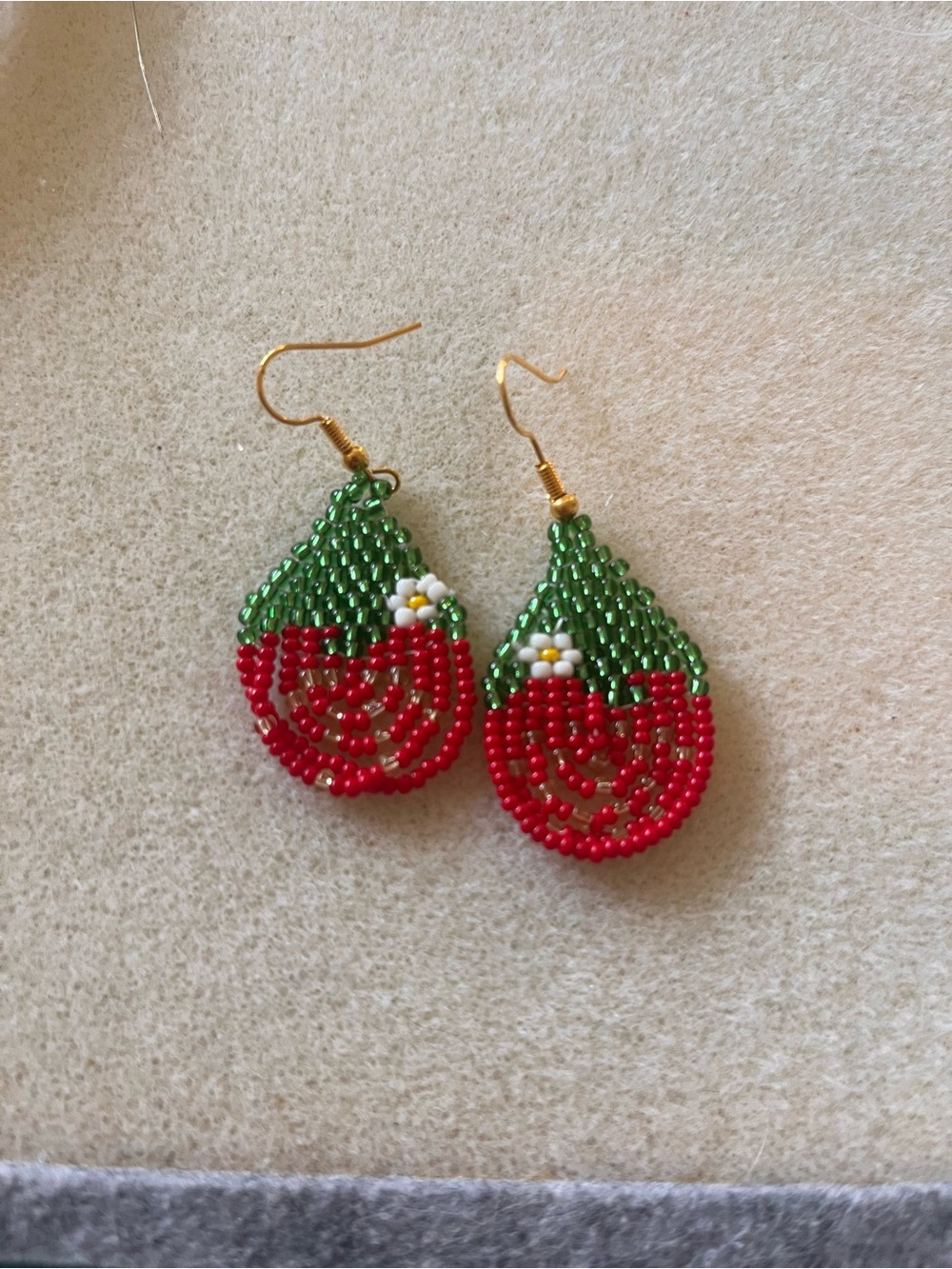 Handmade Red & Green Beaded Rose Drop Earrings